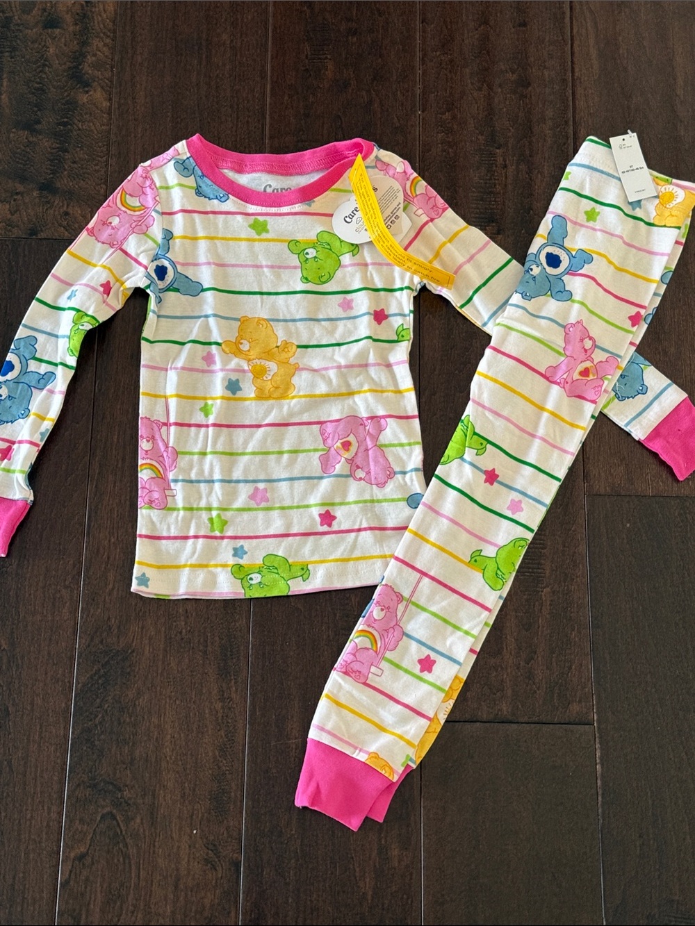 NWT Care Bears White Striped Pajama Set with Multicolor Bears and Pink Trim